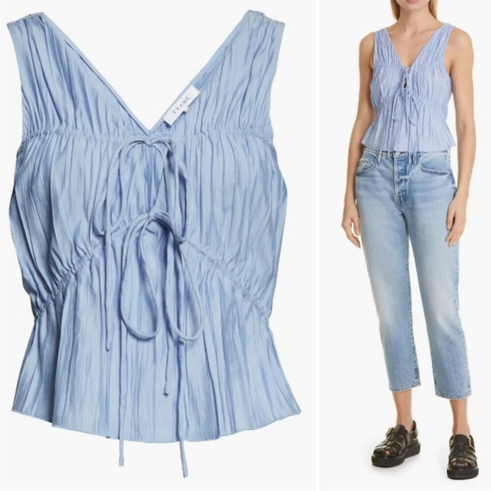 Frame Tie Front Cinched Crinkle Blouse